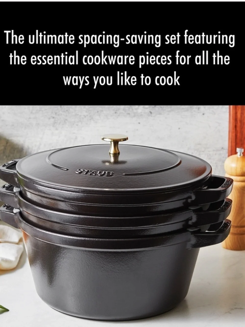 STAUB Stackable 4-Piece Cast Iron Set - Black New in Box